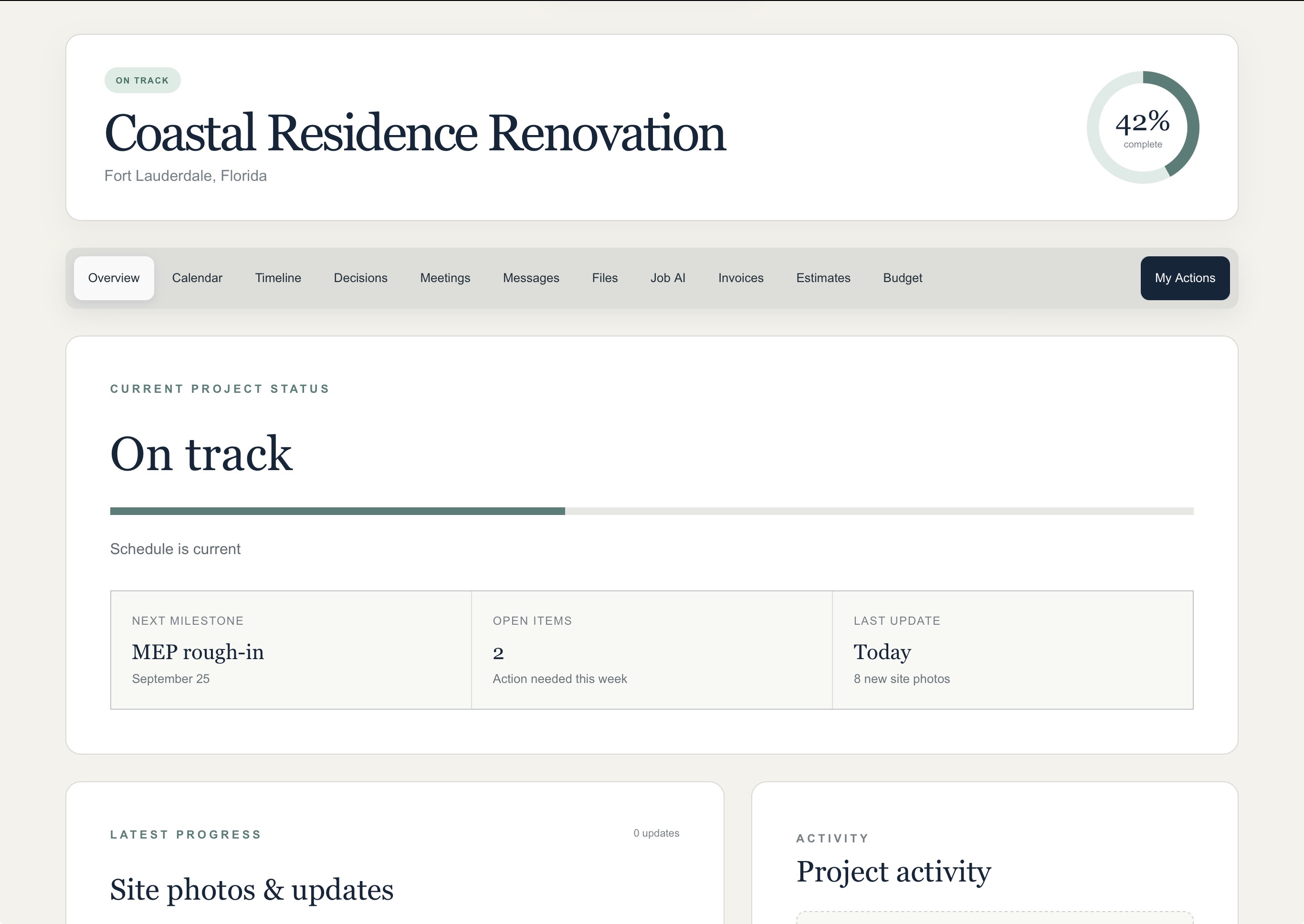 CJL client portal showing project status, progress, navigation, milestones, open items, updates, and activity